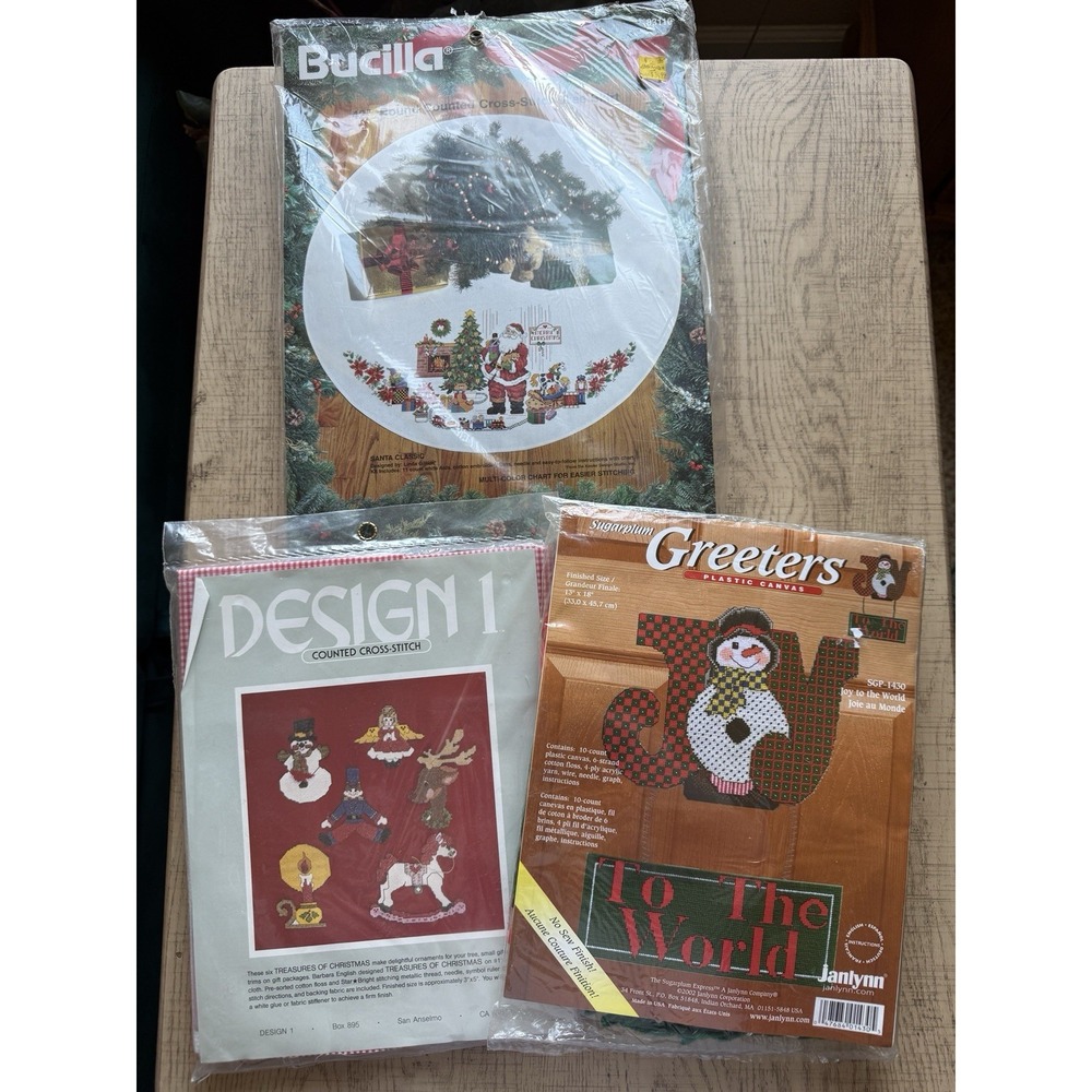 Lot Of 3 NOS Christmas Cross Sitch Sets - Greeters Design 1 Bucilla